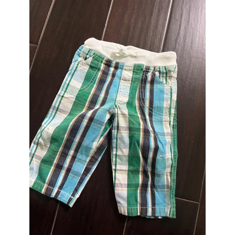 Baby Boden Green Blue Plaid Pull On Pants 12-18 Months Ribbed Waistband - Picture 2 of 6